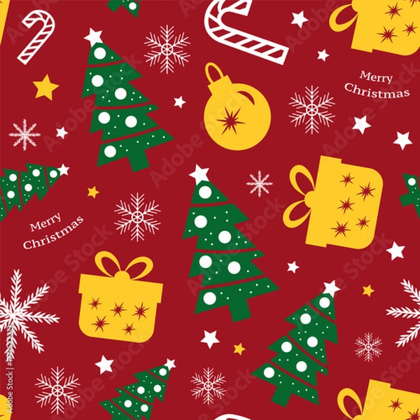 Fototapeta Winter seamless pattern with christmas decorations and christmas trees. Vector Illustration