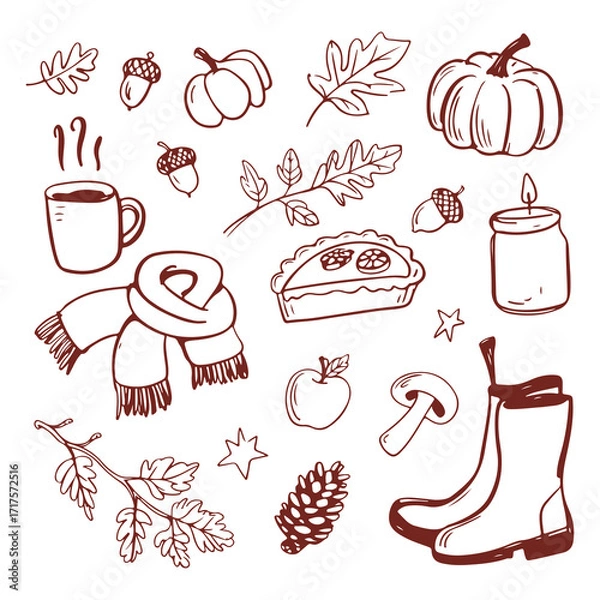 Fototapeta Autumn hand-drawn doodle set with pumpkin, pie, scarf, coffee mug, boots, leaves, and cozy seasonal elements
