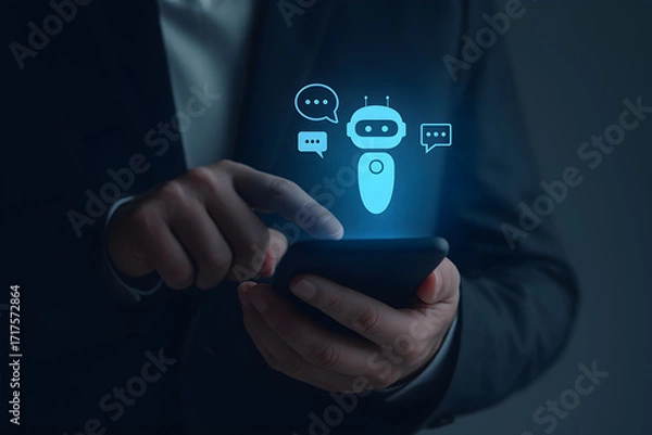 Fototapeta A person in a suit uses a smartphone with a glowing chatbot icon and speech bubbles, symbolizing AI-powered communication and customer service.