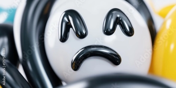 Fototapeta Sad face balloon with expressive cartoon emotion in black and white among colorful balloons. Playful mood decoration for celebration or event concept.