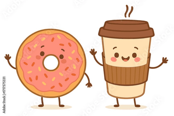 Fototapeta Happy cute smiling donut and coffee paper cup characters. Valentine's day couple. Funny breakfast friends concept. Kawaii vector flat illustration isolated on white background.