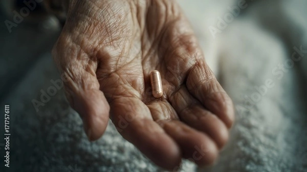 Fototapeta Close up of an elderly hand gently holding a single medication capsule showcasing wrinkles and texture under soft light symbolizing health and care