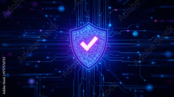 Fototapeta Digital Shield with checkmark - Cyber security and information protect concept