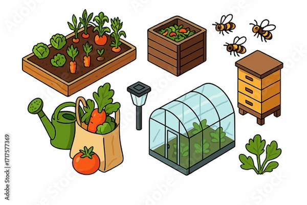Obraz Isometric gardening set with sustainable farming elements. Icons of a greenhouse, beehive, compost bin, raised bed with vegetables. Concept for beekeeping, organic food, hobby farm.