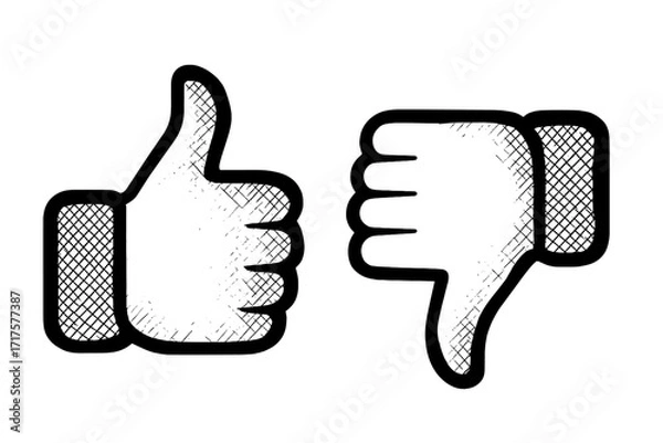 Obraz Thumbs up and down flat icon set. Like and dislike hands with halftone effect. Social media feedback, approval, disapproval. Yes and no vote. Vector cartoon illustration.