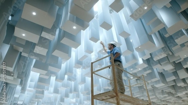 Obraz Worker Installing Advanced Acoustic Panels in Modern Interior Space