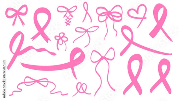Fototapeta Pink Ribbon and Bow Elements Collection for Breast Cancer Awareness and Decorative Design