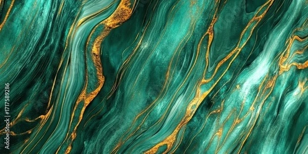 Fototapeta Abstract background with marble texture in green and gold colors, luxury pattern with fluid design and elegant art for modern decor
