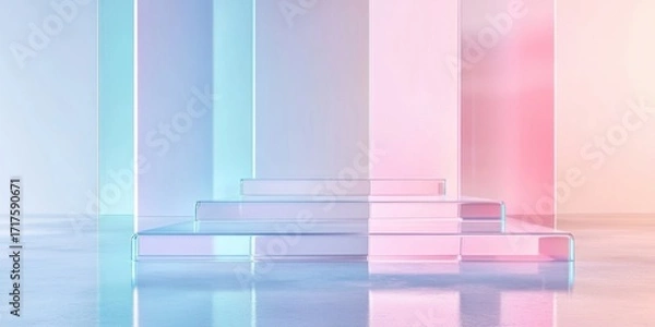 Fototapeta Minimal glass podium with geometric pastel blue and pink panels reflecting light, modern abstract background design for product display. Product presentation mockup