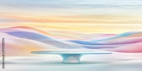 Fototapeta Futuristic minimalist table set against pastel abstract landscape with soft gradient colors, modern interior design inspiration, creative surface concept. Product presentation mockup