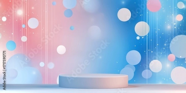 Fototapeta Platform podium on pastel pink and blue abstract background with circles bokeh and glowing light effects. Minimal product display scene for modern presentation. Product presentation mockup