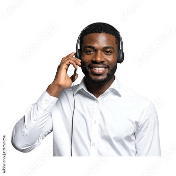 Fototapeta man on his hone and headset over his head, on transparent background, african american, png file, isolated, white background with generative ai