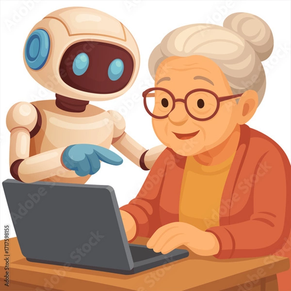Fototapeta Artificial Intelligence Robot Helping Senior Woman Use Laptop Computer