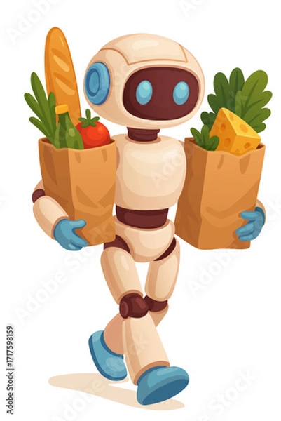 Fototapeta Artificial Intelligence Robot Carrying Grocery Bags with Food and Vegetables