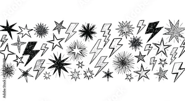 Obraz Energetic hand drawn stars and lightning bolts grunge texture design elements pattern vector