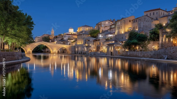 Fototapeta A historic riverside city glows beautifully at dusk, with warm golden lights illuminating stone buildings and reflecting on the calm water. An elegant arched bridge spans the river, connecting the cha