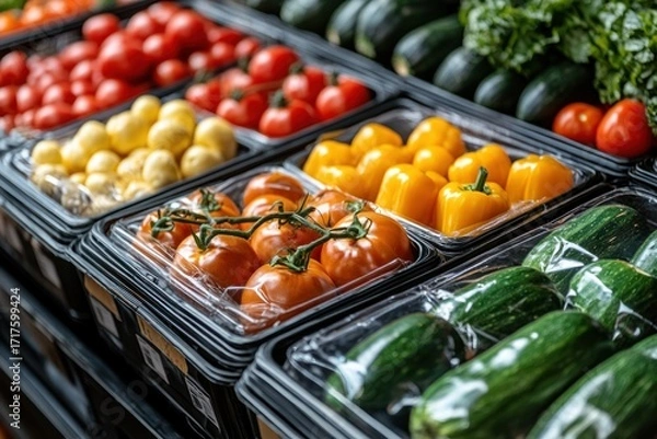 Fototapeta Overhead flat lay of sustainably packed fresh vegetables in recycled cardboard and cellulose packaging.