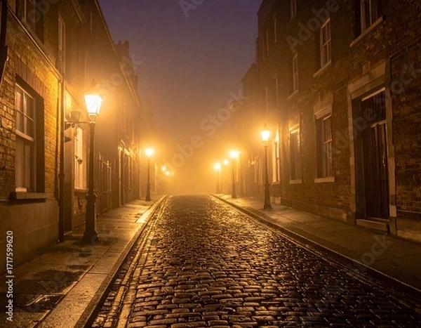 Obraz atmospheric photograph of a cobblestone street in Victorian London at night.