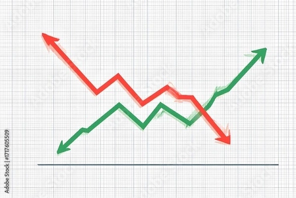 Obraz Minimalist Vector Graph – Clean line chart with bold red downward arrow on the left and green upward arrow on the right, placed on a simple table grid background. Flat design, modern corporate style.