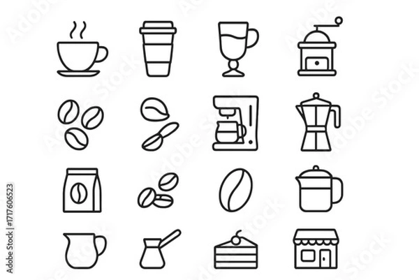 Fototapeta Coffee line icon set. Editable stroke pictogram bundle for cafe menu, app and web. Vector linear symbols of coffee cup, beans, machine, grinder, pot, moka, cezve, dessert.