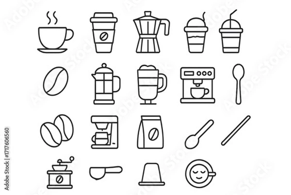 Fototapeta Coffee line icon collection. Vector symbols for cafe menu, barista, web, and apps. Includes espresso machine, grinder, french press, moka pot, beans. Editable stroke pictogram set.