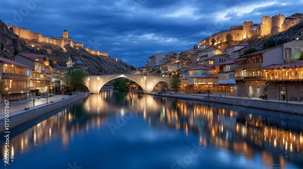 Fototapeta A charming historic riverside city at twilight, where glowing lights from traditional buildings and stone fortifications reflect beautifully on the calm water. An elegant arched bridge spans the river
