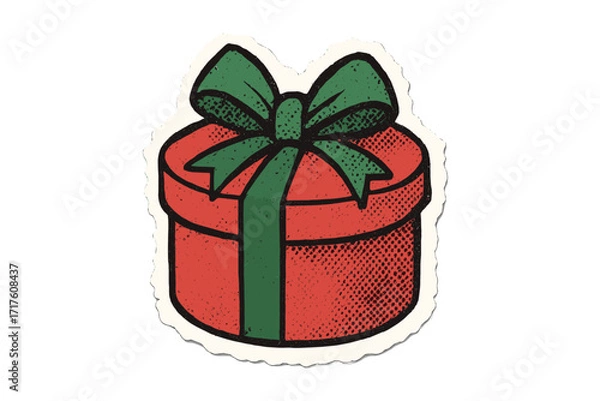 Fototapeta Christmas gift box halftone collage. Torn out paper sticker of a present with a bow. Cut out of magazine shape, clipping scrap of paper for scrapbooking. Holiday vector.