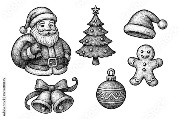 Fototapeta Christmas holiday elements collection in vintage stippling style. Vector set with hand-drawn Santa Claus, xmas tree, hat, gingerbread man, bells, bauble for decoration.