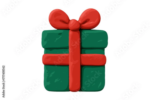Fototapeta Christmas gift box with red ribbon bow. Green present in plasticine style. Handmade clay design element for holiday celebration. Winter surprise isolated 3D vector icon.