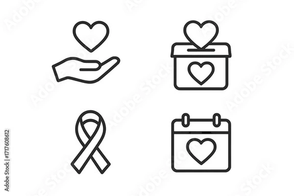 Fototapeta Charity and donation line icon set. Minimalist vector symbols for philanthropy, fundraising, and volunteering. Features heart in hand, donation box, awareness ribbon, calendar.