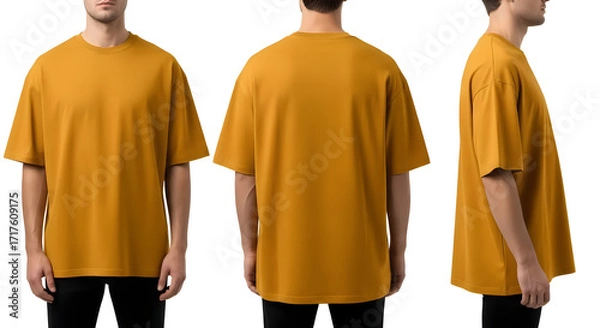 Fototapeta Yellow Oversized Plain T-Shirt Mockup, Front and Back Views, Isolated on White Background, AI-Generated Image