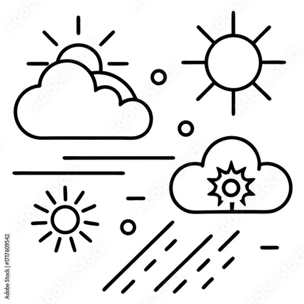 Fototapeta Colorful weather icon set with a sun, cloud, and rain symbols for a daily forecast illustration