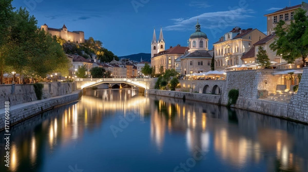 Fototapeta A picturesque riverside city at twilight, where warm golden lights illuminate elegant historic buildings and reflect beautifully on the calm water. A graceful bridge spans the river, leading to charmi