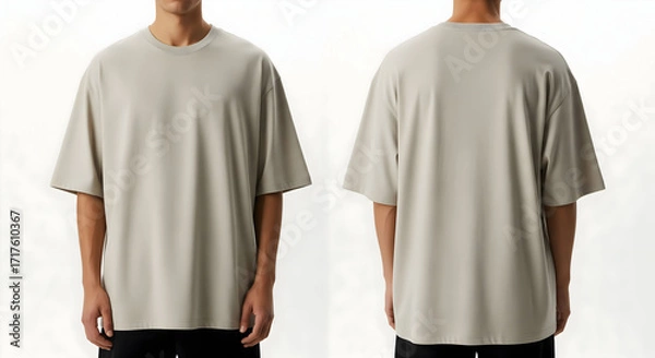 Fototapeta Light Gray Oversized Plain T-Shirt Mockup, Front and Back Views, Isolated on White Background, AI-Generated Image