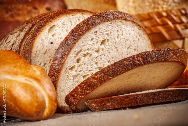 Fototapeta Fresh baked bread. Assorted bakery products loafs of bread and rolls...