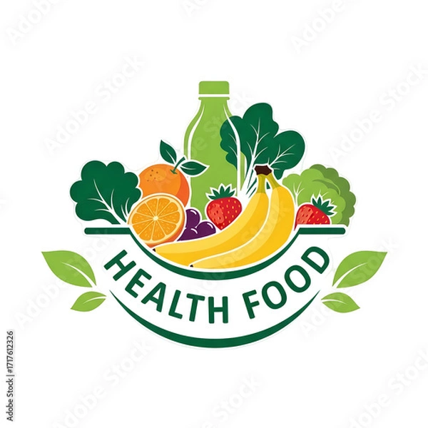 Obraz Stylized logo with fruits vegetables and bottle for health food isolated on a transparent background