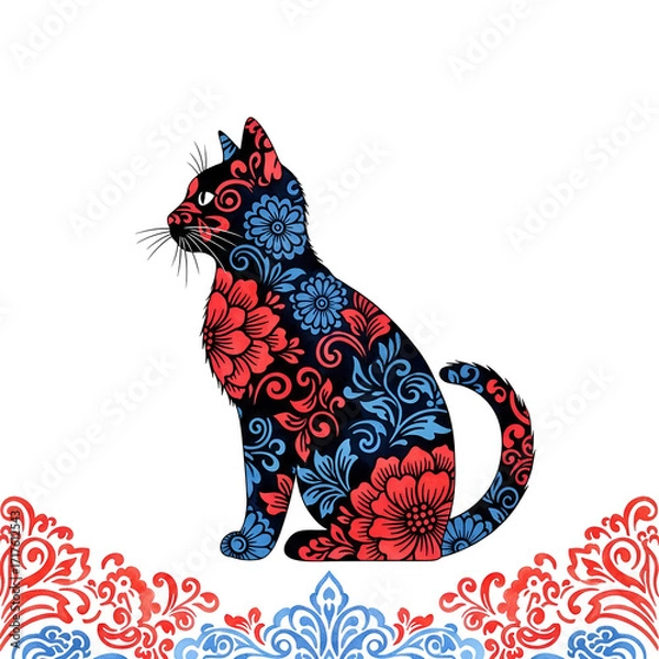 Obraz Black cat silhouette with red and blue floral pattern isolated on a transparent background image