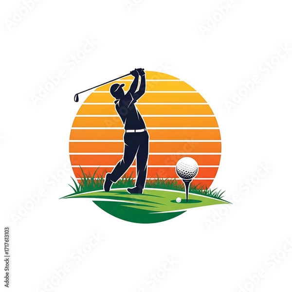 Obraz Silhouette golfer swinging club on green with golf ball on tee isolated on a transparent background image