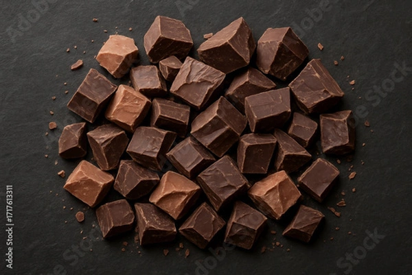 Fototapeta Assorted dark and milk chocolate chunks on black slate — top view