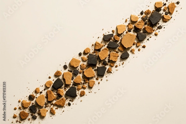 Fototapeta Terracotta and black stone fragments in diagonal stripe on beige background — top view, copy space