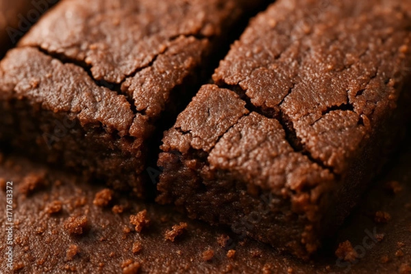 Fototapeta Fudgy chocolate brownie close-up with cracked glossy crust and crumbs