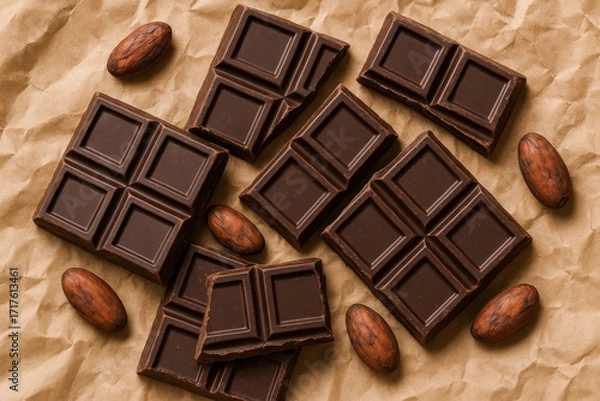 Fototapeta Dark chocolate bars with cocoa beans on kraft paper — top view