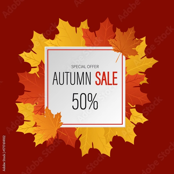 Fototapeta Autumn sale. An advertising banner with autumn leaves. 50% discount square frame with maple leaves on a burgundy background. 