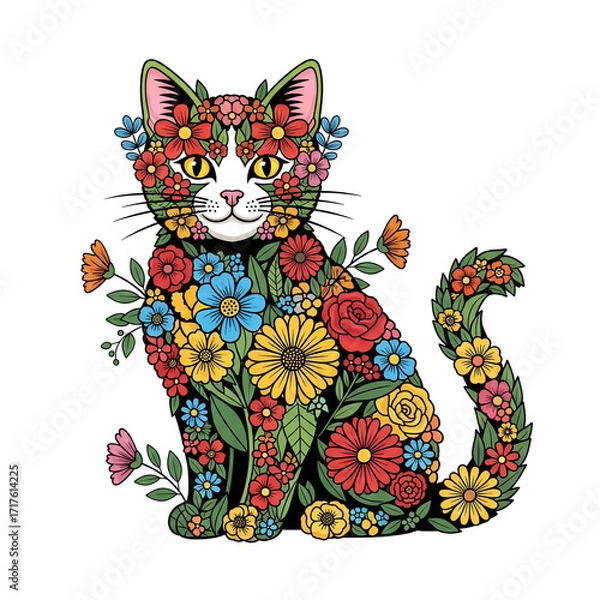 Obraz Whimsical cat composed of vibrant colorful flowers and green leaves isolated on a transparent background