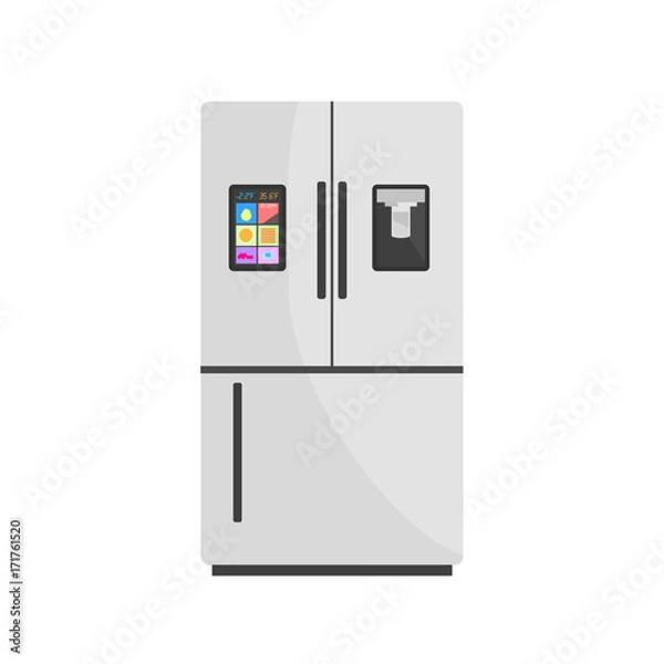 Fototapeta Modern Smart Fridge Isolated on Background. Vector Illustration of Refrigerator with Display and Ice Maker. Home Appliances Refrigerator, Fridge, Freezer. Flat Style.