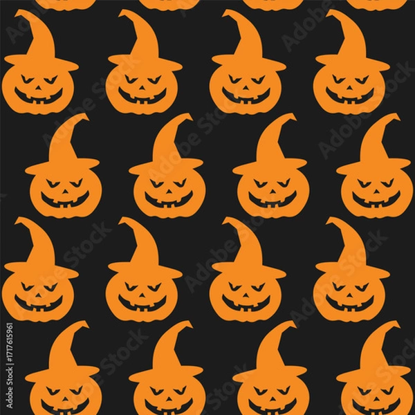 Fototapeta Seamless pattern featuring smiling jack-o-lanterns and witch hats on orange background for festive decorations