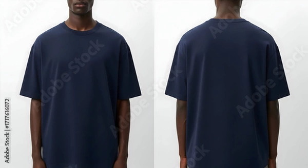 Fototapeta Navy Blue Oversized Plain T-Shirt Mockup, Front and Back Views, Isolated on White Background, AI-Generated Image