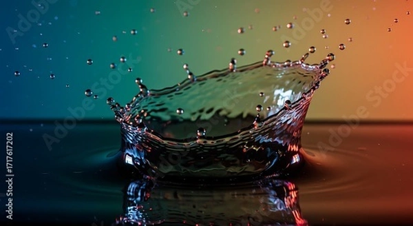 Fototapeta A dynamic water splash captured midair with vibrant, colorful lighting creating a mesmerizing effect