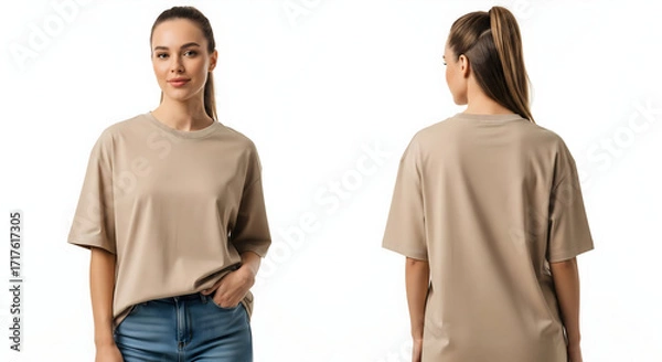 Fototapeta Beige Oversized Plain T-Shirt Mockup, Front and Back Views, Isolated on White Background, AI-Generated Image