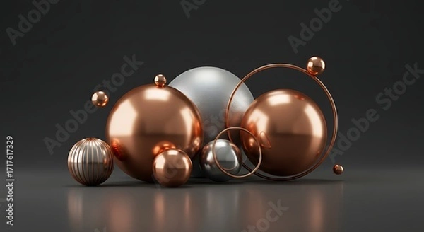 Fototapeta Abstract composition of metallic spheres and rings in varying sizes and textures, arranged on a dark surface